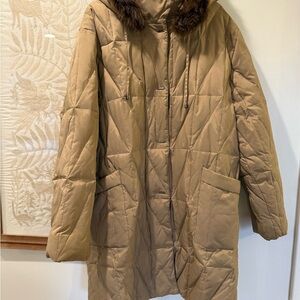 Midnight Velvet Tan Down Puffer Coat trimmed with Rabbit Fur